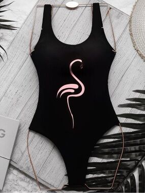 Women's Black One-Piece Swimsuit with Pink Flamingo Graphic